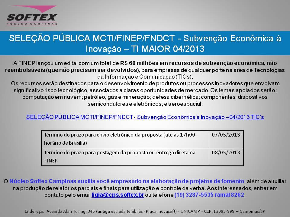 Seleçaõ Pública MCTIFINEPFNDCT -  Subvençaõ econômica